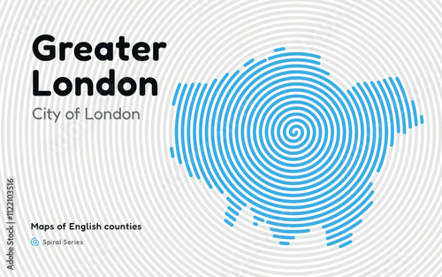 Greater London Map in Spiral Formation: City of London Takes Center Stage. Fingerprint and stripes pattern. Maps of English counties 