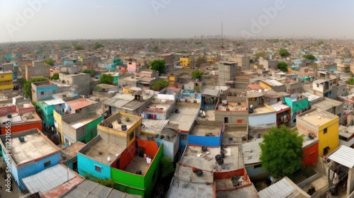 A colorful urban landscape showcasing densely packed rooftops in a city environment.