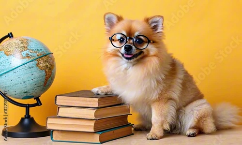 Cute Pomeranian dog wearing glasses sitting next to a stack of books and a globe on a bright yellow background