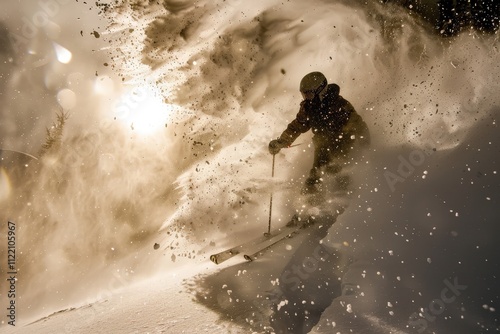 Skiing through fresh powder at a vibrant winter resort during sunny weather photo