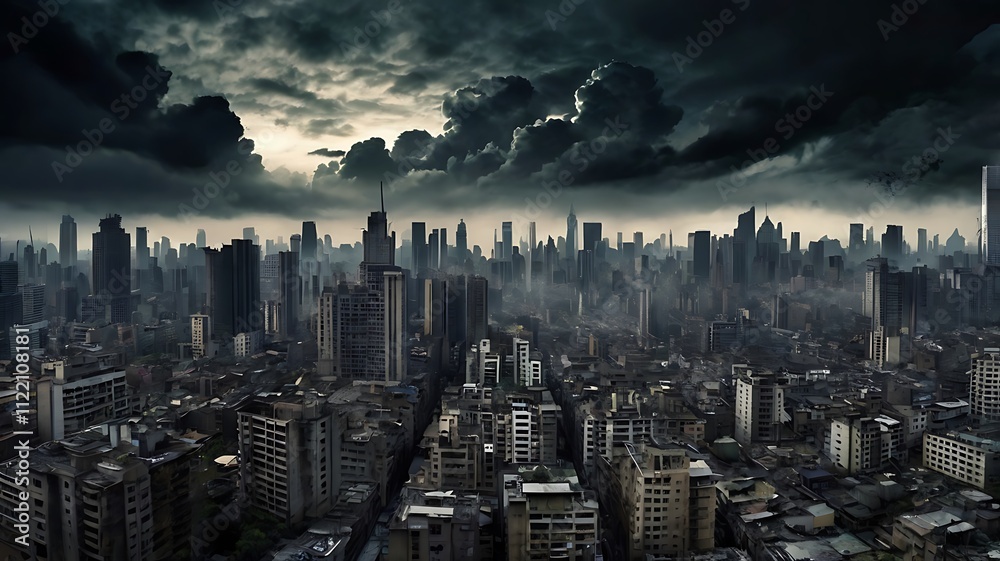 Fototapeta premium Dark Clouds Loom Over a Ruined Cityscape
