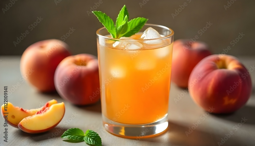 Close up of a drink in a glass on a table with peaches and mint and a few pieces of fruit on the table. Close up of a drink in a glass on a table with peaches and mint and a few pieces of fruit on the table.