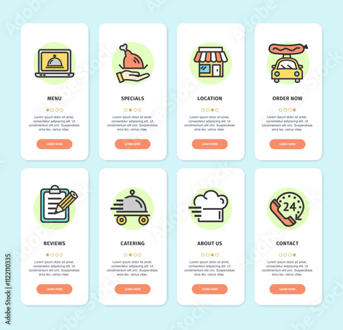 Food Delivery App Screens Cards Set Include of Menu, Location, Catering and Contact. Vector illustration of Card
