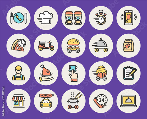 Food Delivery Sign Color Circles Thin Line Icon Set Include of Pizza, Chicken and Burger. Vector illustration of Icons