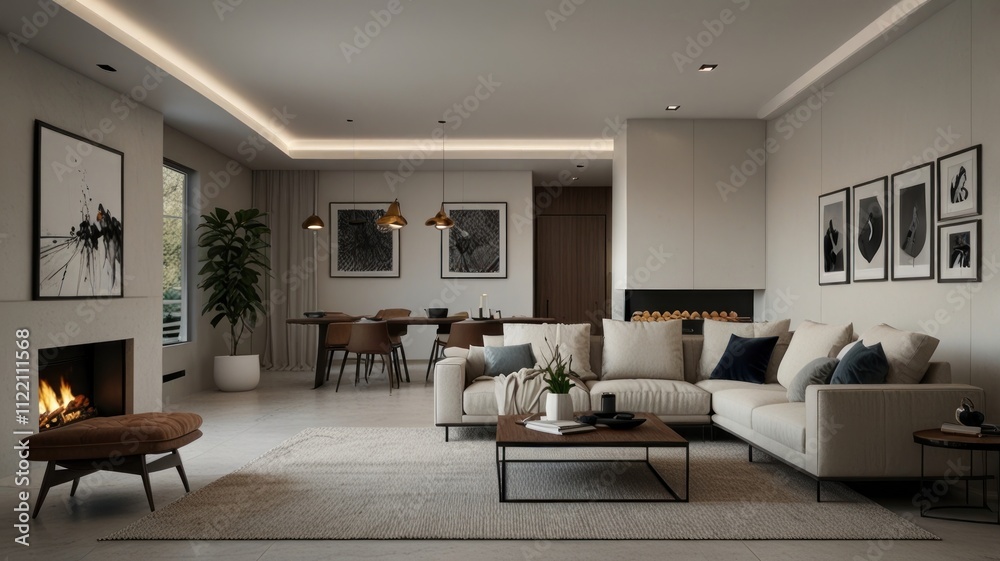 Modern living room interior design with beige sofa, fireplace, and dining area. Modern living room interior design with beige sofa, fireplace, and dining area.