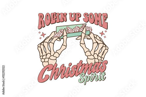 Rollin up some Christmas spirit, Retro Christmas skeleton Sublimation T Shirt Design photo