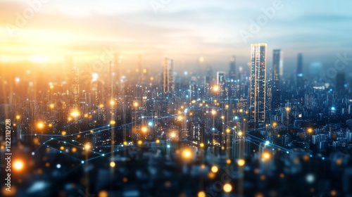City skyline with glowing lights at sunset.