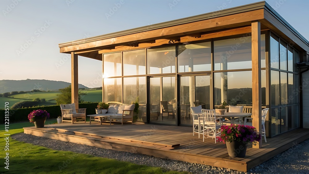 Fototapeta premium Contemporary glass house with wooden porch near green hills in picturesque countryside