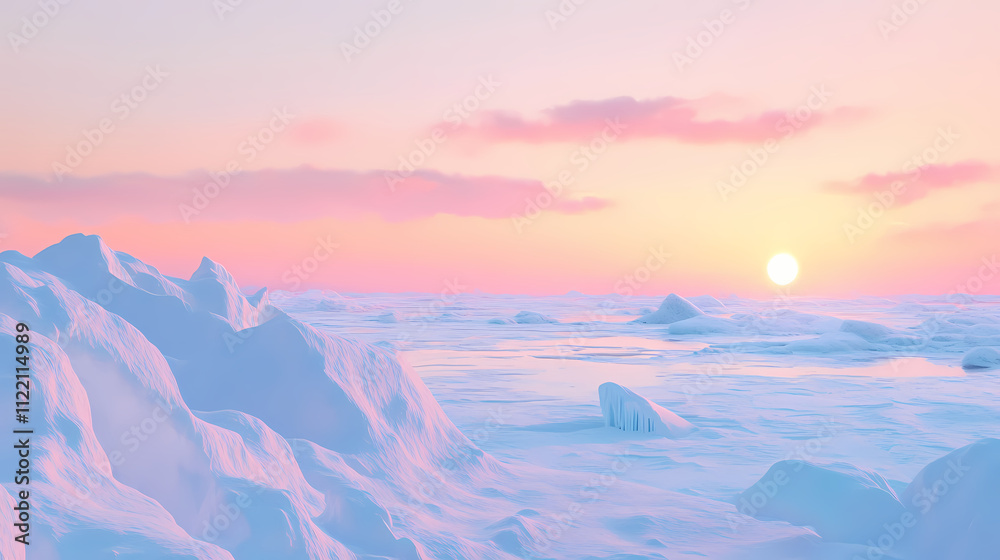 Soft pastel hues paint the sky above the frozen tundra as the sun dips below the icy horizon, casting a tranquil glow over the frigid landscape. Tundra. Illustration Soft pastel hues paint the sky above the frozen tundra as the sun dips below the icy horizon, casting a tranquil glow over the frigid landscape. Tundra. Illustration
