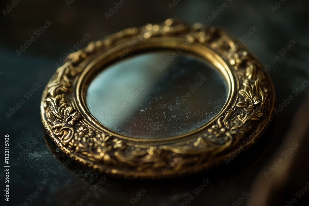 Antique mirror with ornate golden frame placed on table. Generative AI Antique mirror with ornate golden frame placed on table. Generative AI