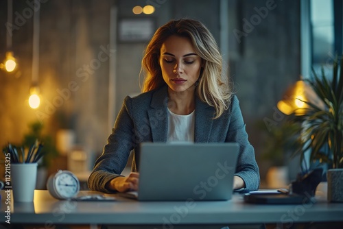 Focused woman working late on laptop in dim office room. photo