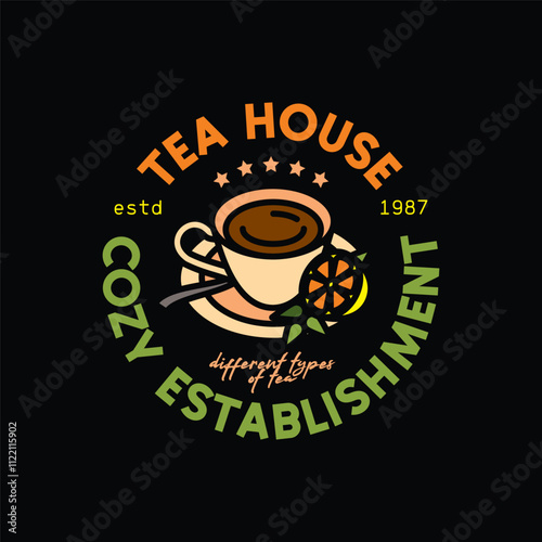 Original vector emblem of a tea cafe. T-shirt design.