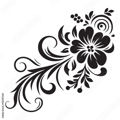 intricate floral vector, tattoo design, nature-inspired art, elegant silhouette, floral motif, tattoo illustration, black and white art, scalable vector, floral element, botanical tattoo, detailed des