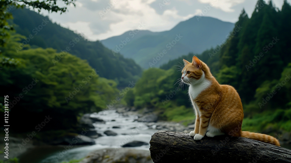 Obraz premium Orange and White Cat Relaxing by the River