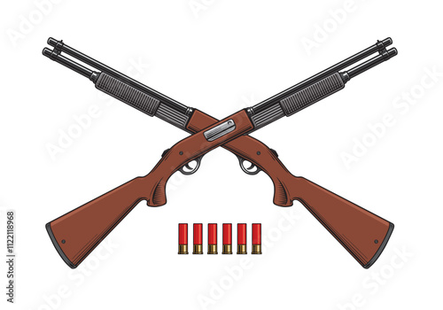 Two crossed shotguns and shot shells or cartridges on white background, hand drawn vector illustration
