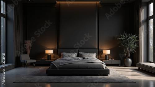 Sophisticated Dark Toned Bedroom with Modern Lighting and Simple Furnishings