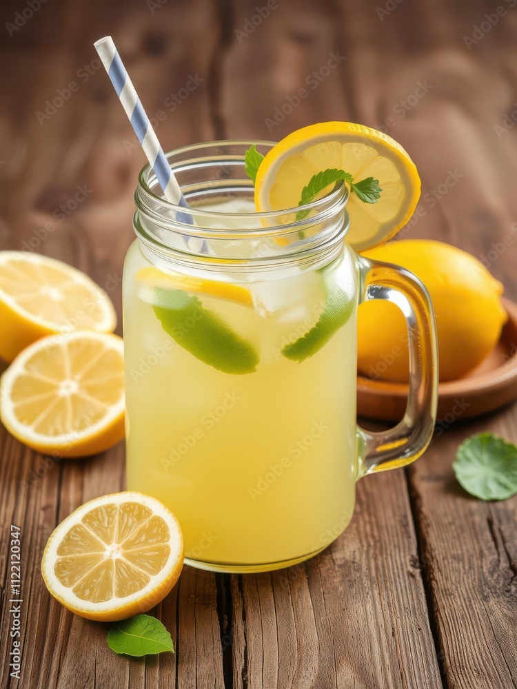 Fototapeta premium Natural lemonade in a mason jar served on a rustic wooden table, rural, natural