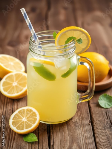Natural lemonade in a mason jar served on a rustic wooden table, rural, natural