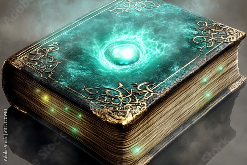 old shabby closed book with a magical green glow, a book with a magical portal, a book portal, a fairy tale book