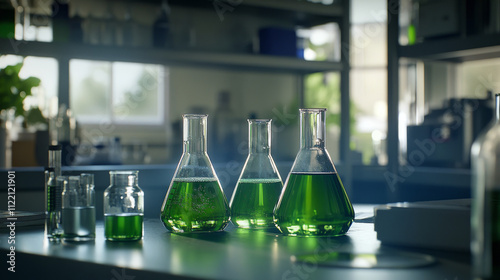 Chemistry measuring glass beakers filled with liquid from green to transparent color. Realistic set process of discoloration and purification in round laboratory flask. Science test tube and glassware photo