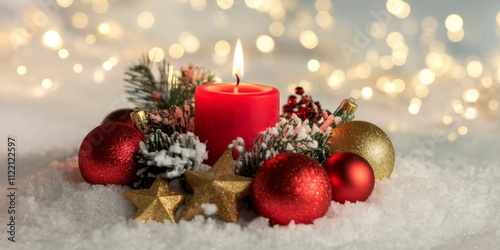 : Christmas Background - Red Candle in winter snow landscape background - Blank greeting card with magic golden bokeh lights with copy space for your Xmas Advent greeting card Generative AI