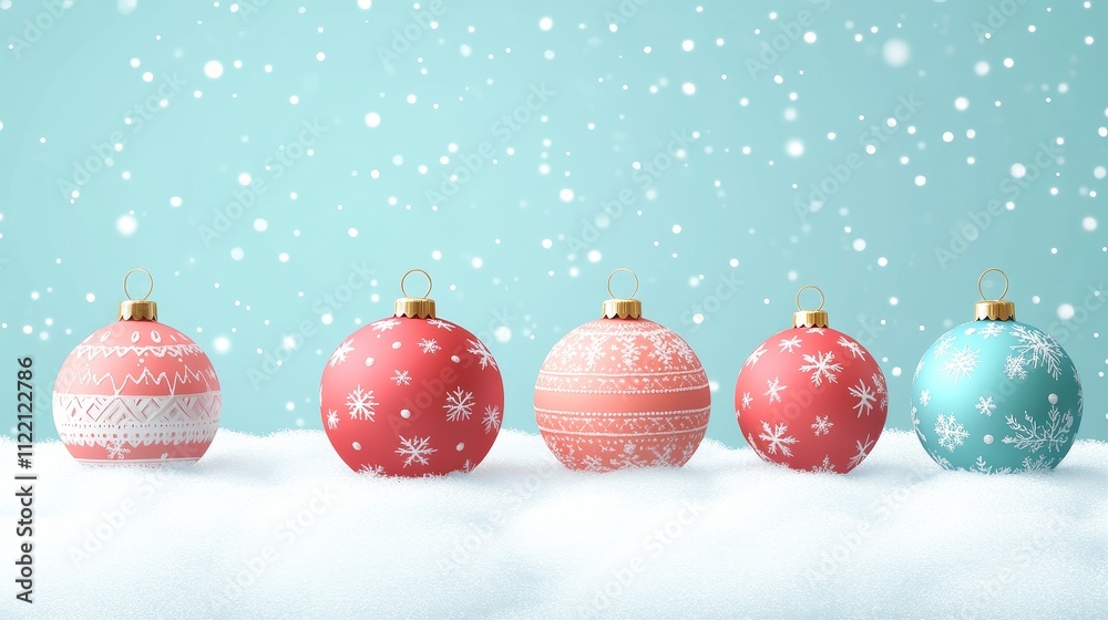Festive holiday ornaments on snow with a soft blue background and falling snowflakes. Festive holiday ornaments on snow with a soft blue background and falling snowflakes.