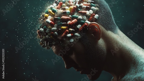 Human with Pills Inside His Head for World Mental Health Day photo