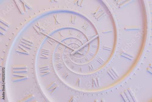 Abstract modern white spiral clock dial with roman numerals. Concept of Infinite time, deadline, scheduling, time and space, past, present and future.