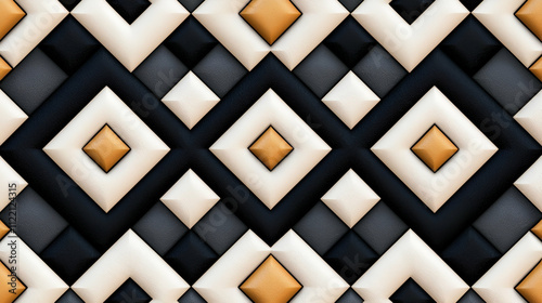 A geometric pattern featuring diamonds in black, white, and gold, creating a modern and stylish decorative design.