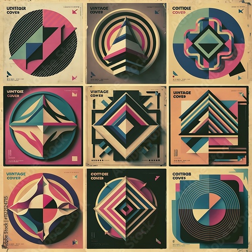 Set of geometric covers. Collection of cool vintage covers. Abstract shapes compositions. Vector.