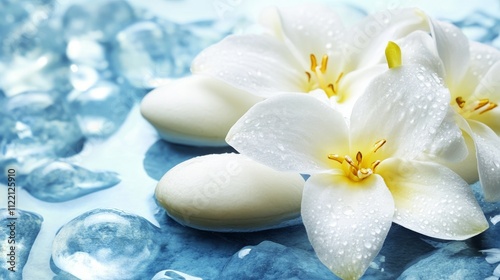 Elegant white lily flowers on ice and stones.