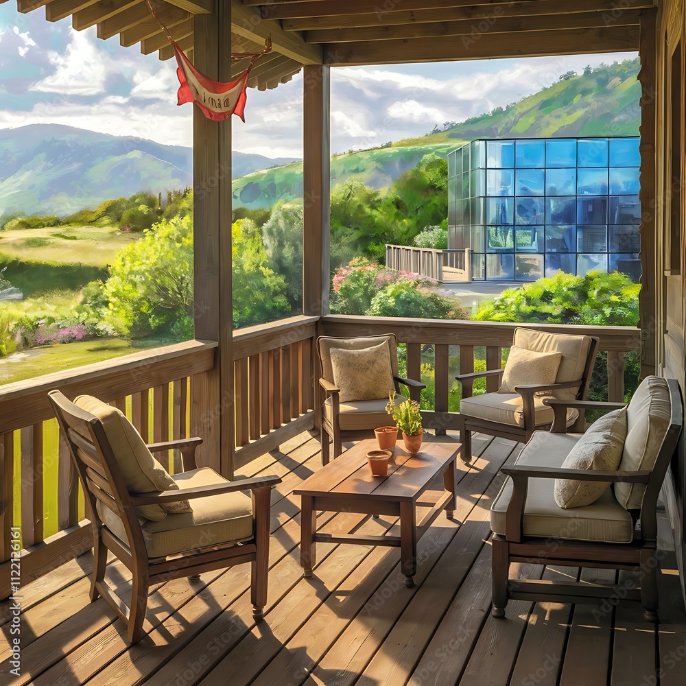 Obraz premium Wooden chairs and coffee table on porch with view on scenic landscape near glass building, banner