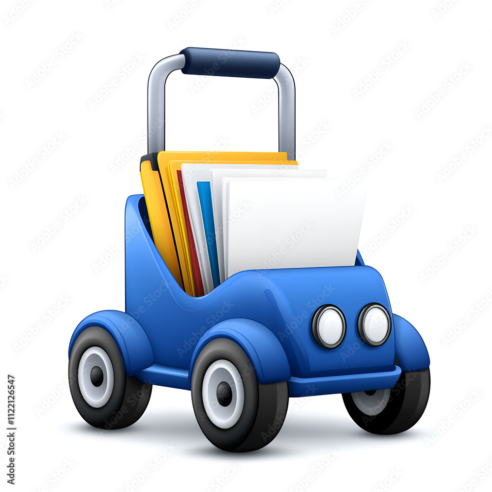 Naklejka premium Bright blue toy car with files inside, perfect for kids' playtime and storage