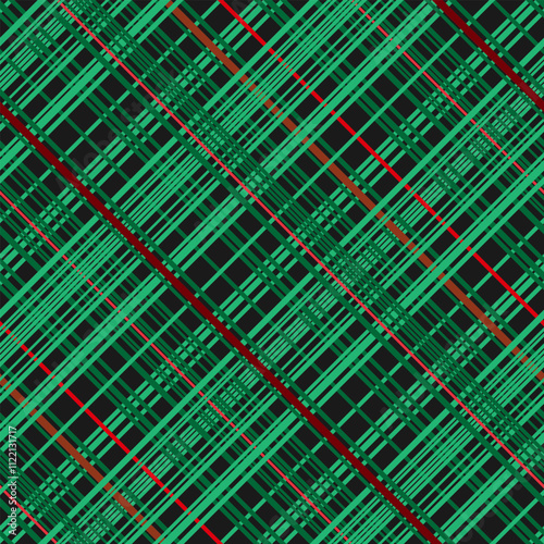 Abstract Geometric endless Pattern featuring modern digital matrix effect with Intersecting Green hues and Red Lines.