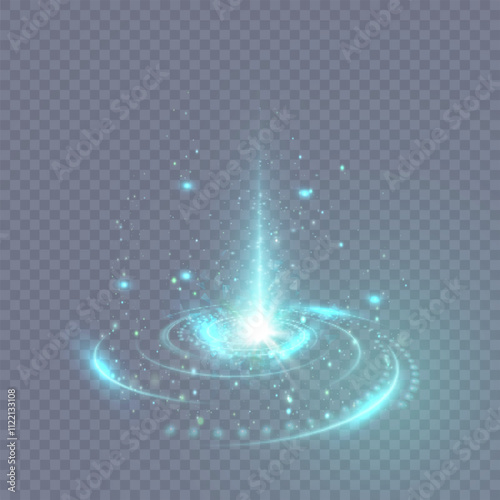 Technological Light Portal. Light Rotation with Sparkles and Glares for Game Interface Design. Vector