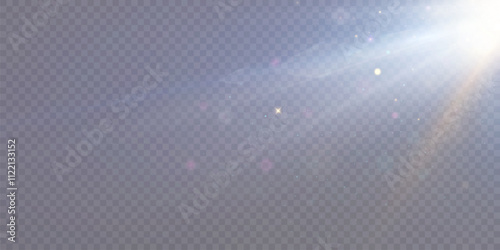 Bright sunlight with glare. Golden flash of glow of sun glare. Sun rays. Glare from the sun, dawn, light effect.