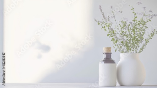 Minimalistic decor with flowers and bottle.
