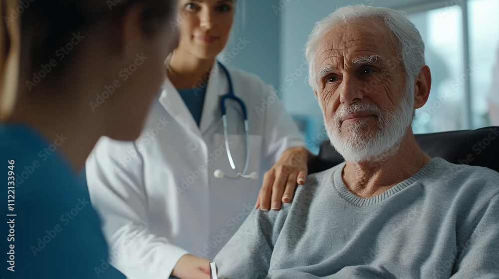 Fototapeta premium Compassionate Nurse Assisting Elderly Patient in Hospital Room