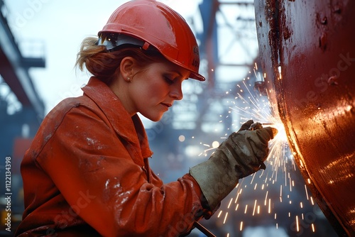 Female shipbuilder welding in shipyard photo