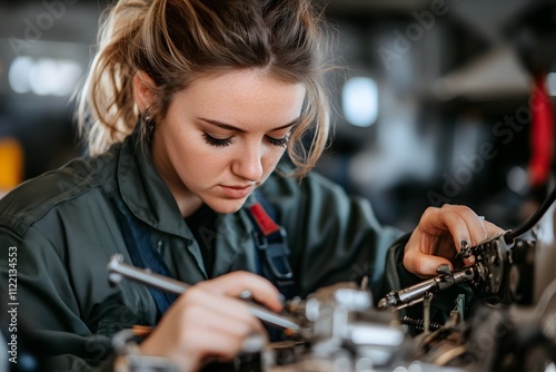 Female aircraft technician maintaining plane photo