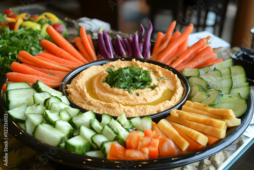 Fresh vegetable platter with creamy hummus dip at the centerhigh quailty image photo