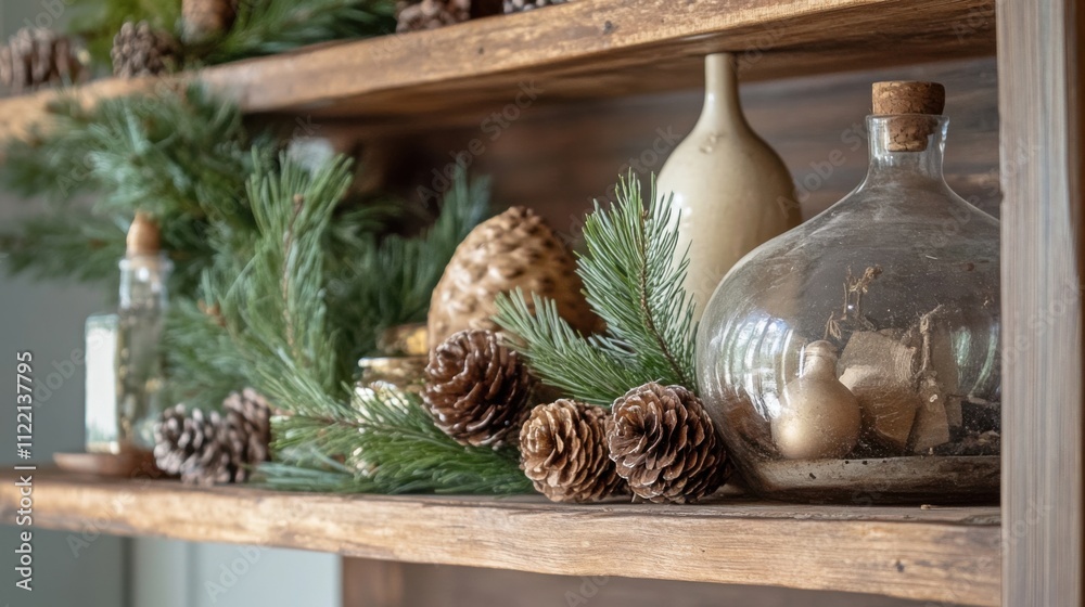 Obraz premium Natural holiday decor featuring rustic elements on a vintage wooden shelf