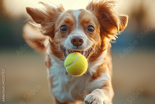 Norwegian Buhund leaps energetically air joyfully reaching tennis ball nose level. clear noon sky enhances vibrant scene its cream coat and curled tail. photo