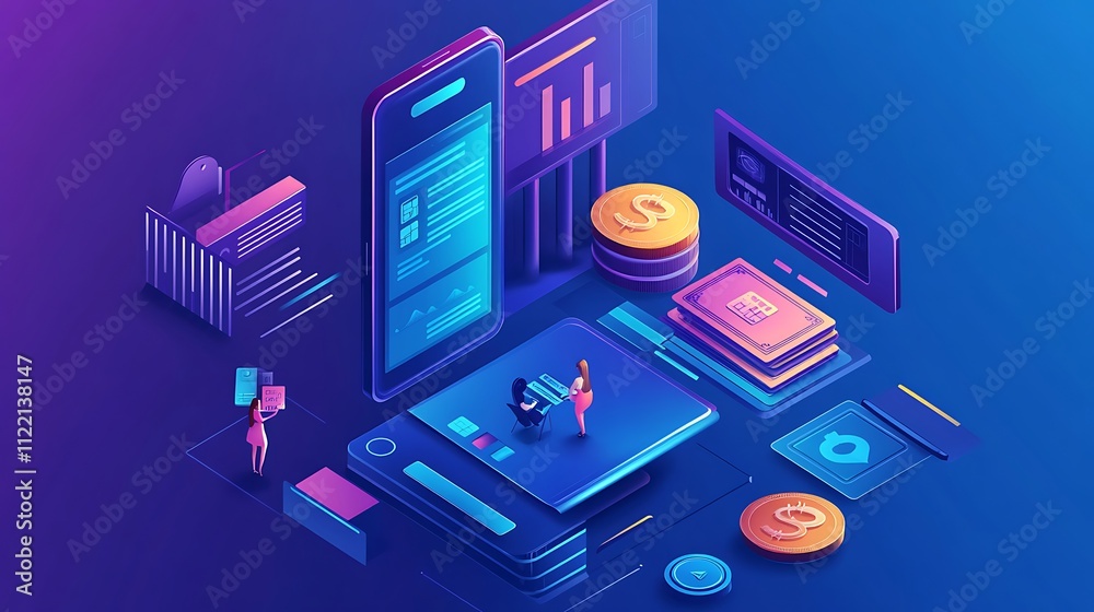 Obraz premium Isometric mobile banking banner design for digital web platforms image