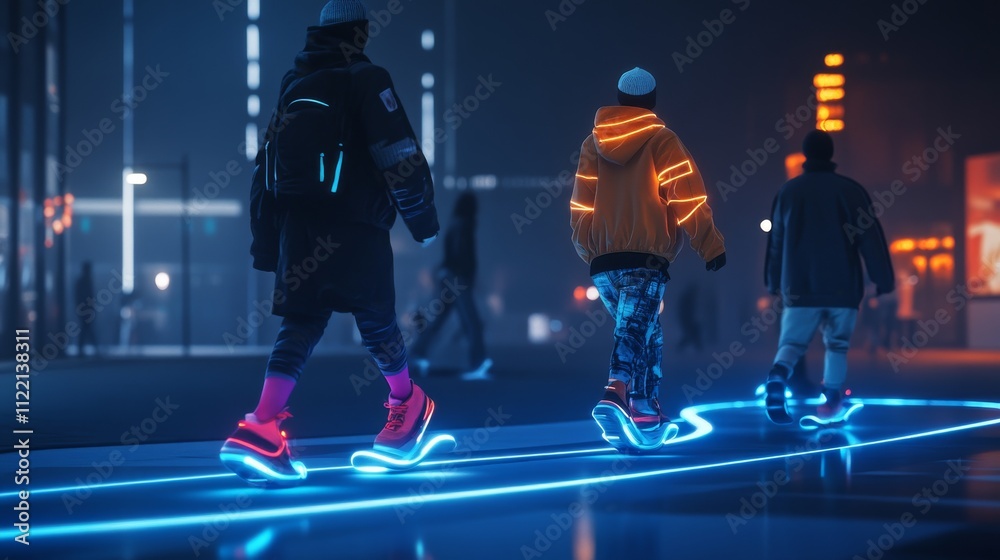 Obraz premium People roller skating at night with neon lights