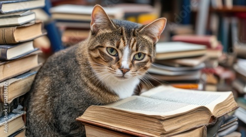 A tabby cat sits among stacks of books, gazing intently, with an open book in front, AI photo