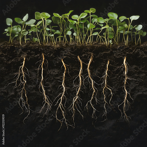 A macro highly realistic crosssectional image of soil with an intricate network of plant roots extending deeply into the dark rich earth At the top of the soil vib photo