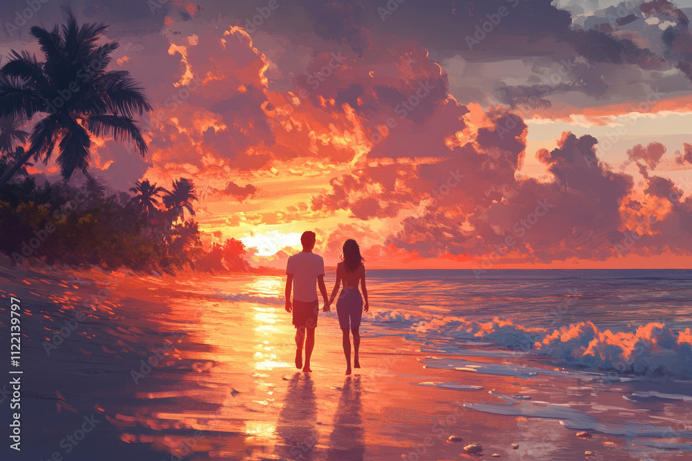 Fototapeta premium Interracial couple enjoying a mindful walk on a quiet beach at sunset, holding hands and embracing the peaceful atmosphere.