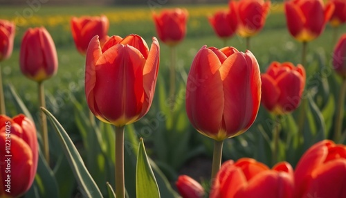 Red tulips stand tall, basking in the warm sunlight of spring