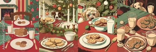 A collection of vintage-style illustrations of a festive holiday table set with cookies and milk, with a curious dog peeking over the edge, in muted reds, greens, and creams.

